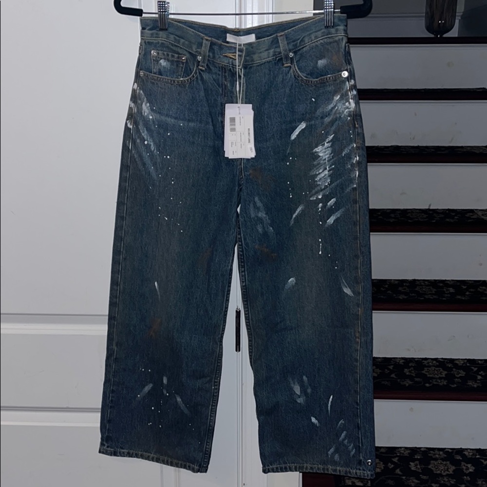 Helmut Lang Dark Wash Wide Leg Jeans with Paint-Splatter